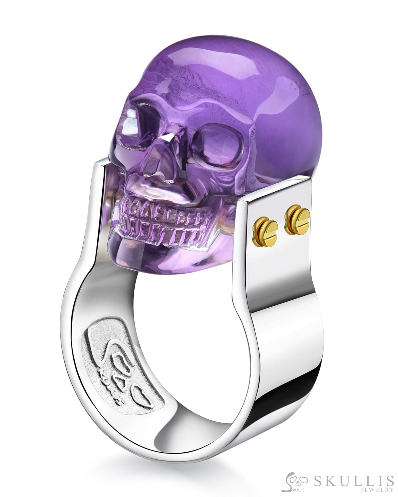 Gem Skull Ring of Amethyst Carved Skull in 925 Sterling Silver Skull Rings