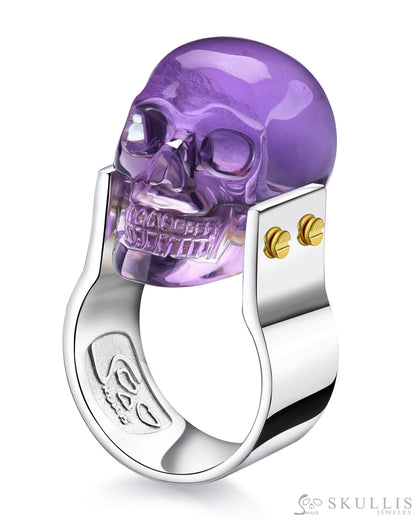 Gem Skull Ring of Amethyst Carved Skull in 925 Sterling Silver Skull Rings