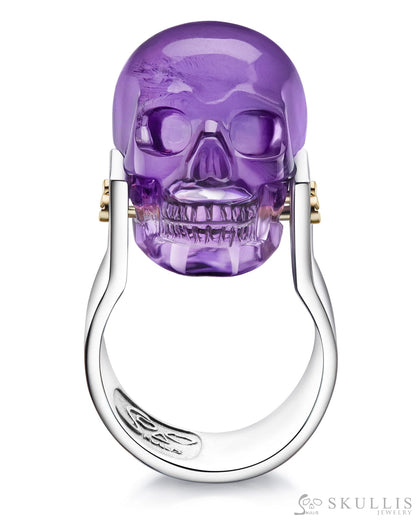 Gem Skull Ring of Amethyst Carved Skull in 925 Sterling Silver Skull Rings