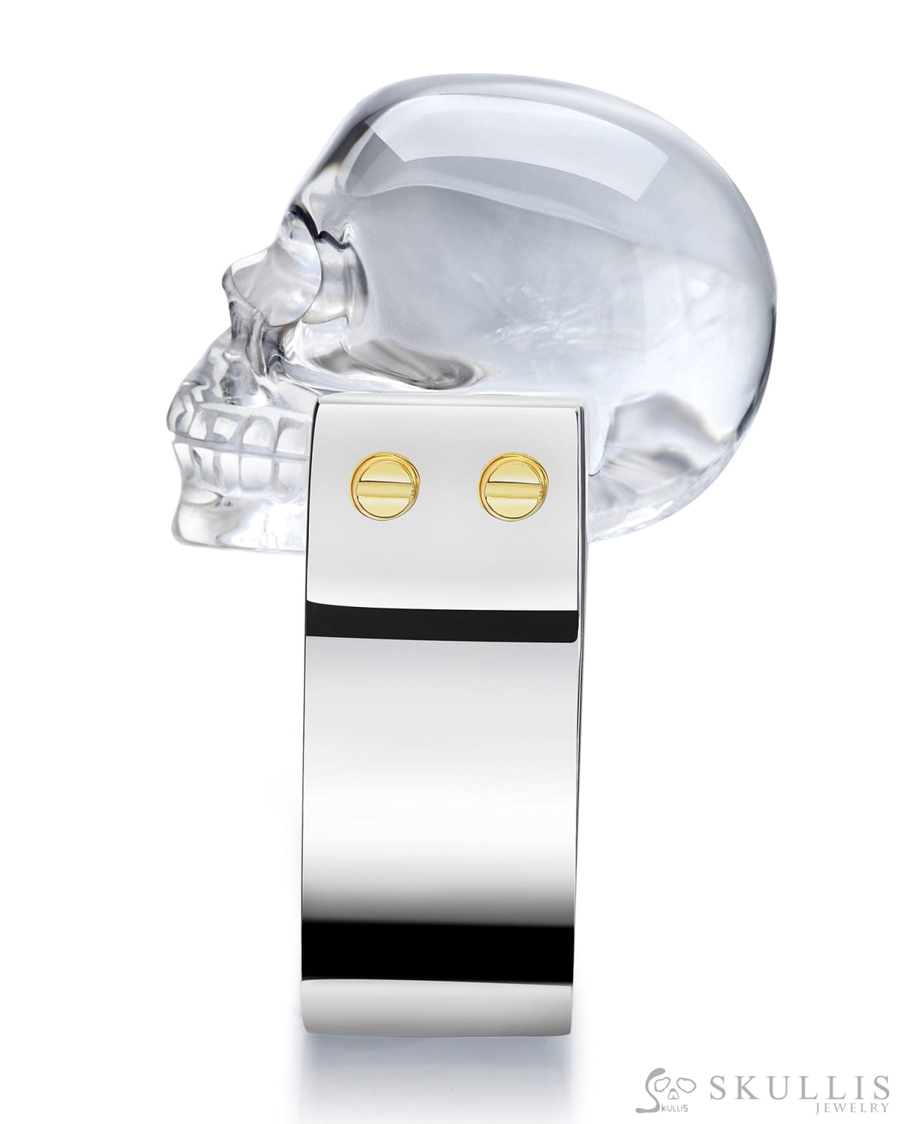 Gem Skull Ring of Quartz Rock Crystal Carved Skull in 925 Sterling Silver Skull Rings