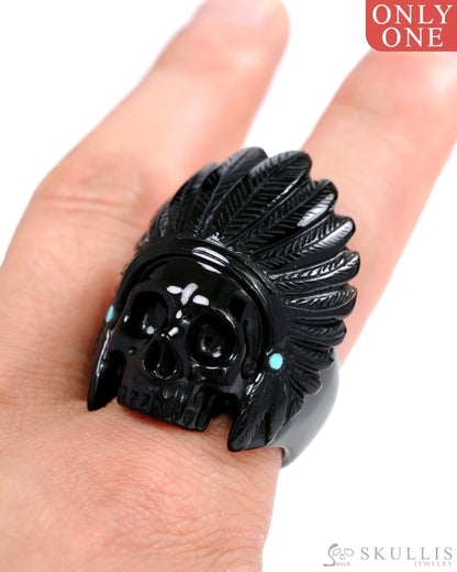 Gem Skull Ring of Black Obsidian Carved Skull in 925 Sterling Silver US size 10.5- 0500054 Skull Rings
