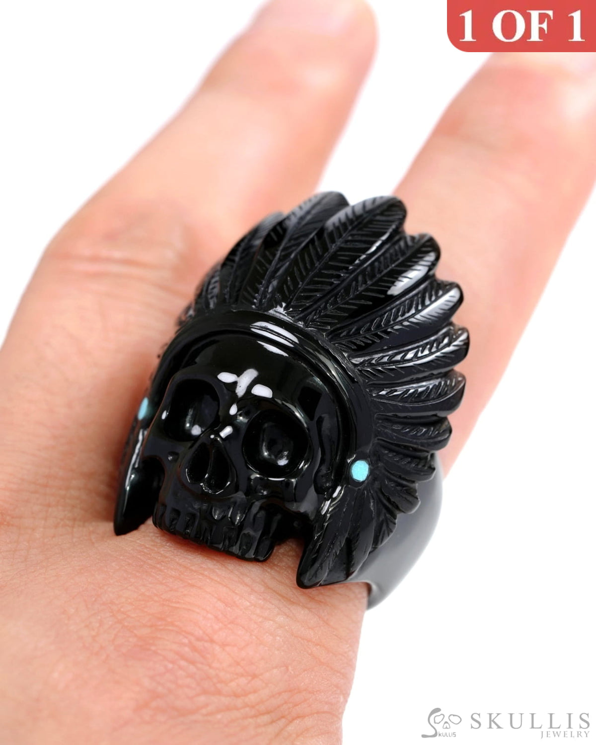 Gem Skull Ring of Black Obsidian Carved Skull in 925 Sterling Silver US size 10.5- 0500054 Skull Rings
