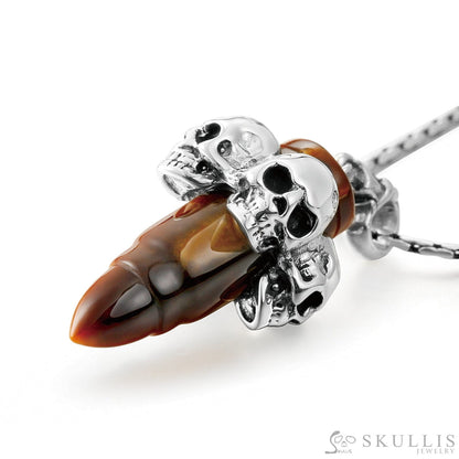 Bullet Necklace - Gem Skull Pendant Necklace Of Gold Tiger’s Eye Carved With Four Skulls In 925