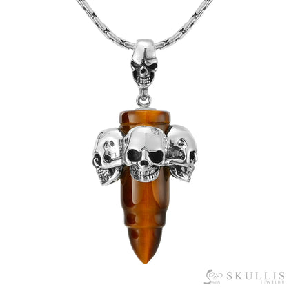 Bullet Necklace - Gem Skull Pendant Necklace Of Gold Tiger’s Eye Carved With Four Skulls In 925