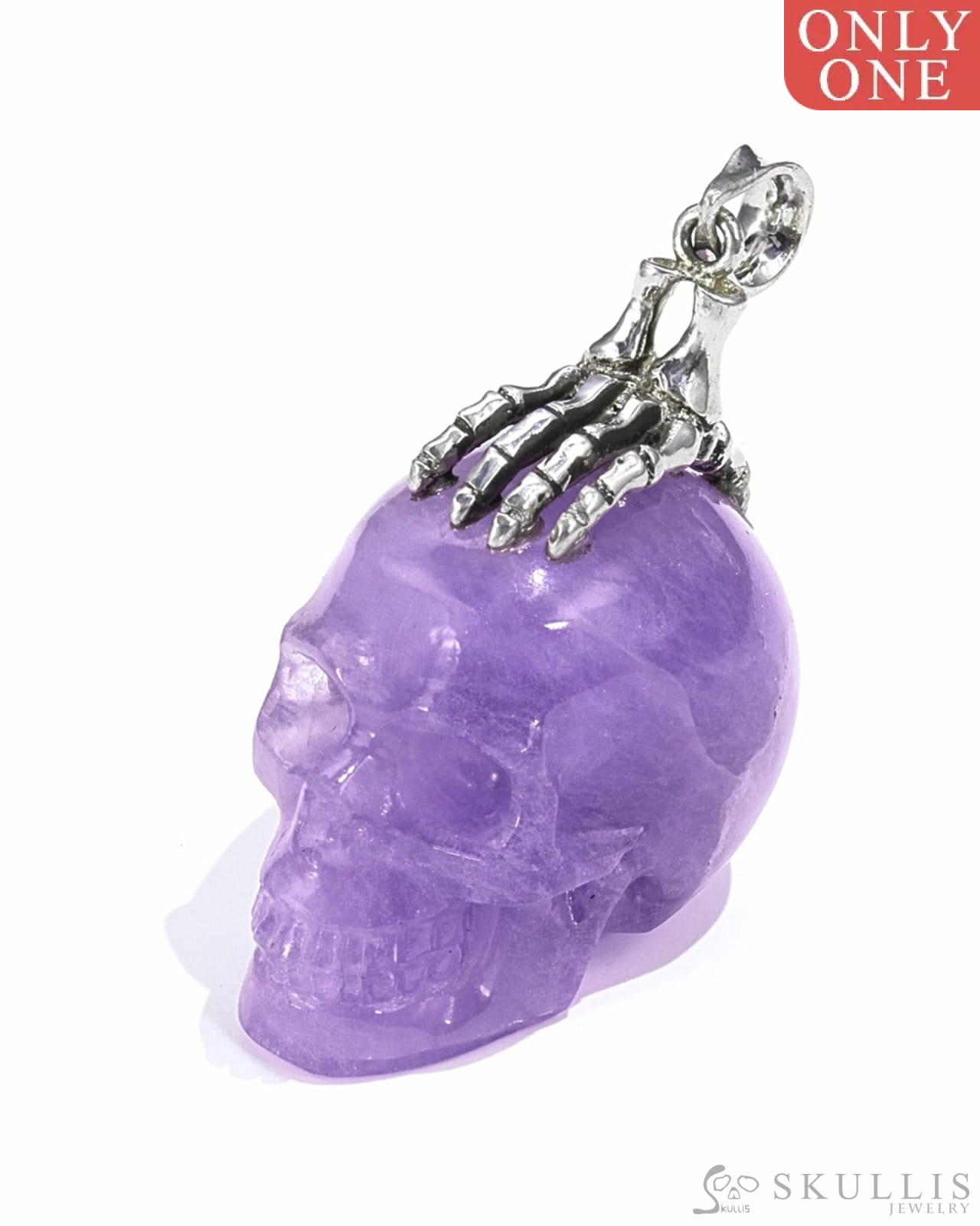Gem Skull Pendant Necklace Of Amethyst Crystal Carved Skull With Detachable Silver Jaw In