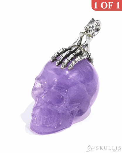 Gem Skull Pendant Necklace Of Amethyst Crystal Carved Skull With Detachable Silver Jaw In