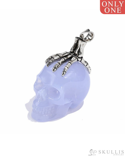 Gem Skull Pendant Necklace Of Blue Chalcedony Crystal Carved Skull With Detachable Silver