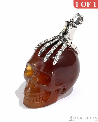 Gem Skull Pendant Necklace Of Carnelian Crystal Carved Skull With Detachable Silver Jaw In