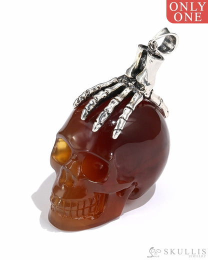 Gem Skull Pendant Necklace Of Carnelian Crystal Carved Skull With Detachable Silver Jaw In
