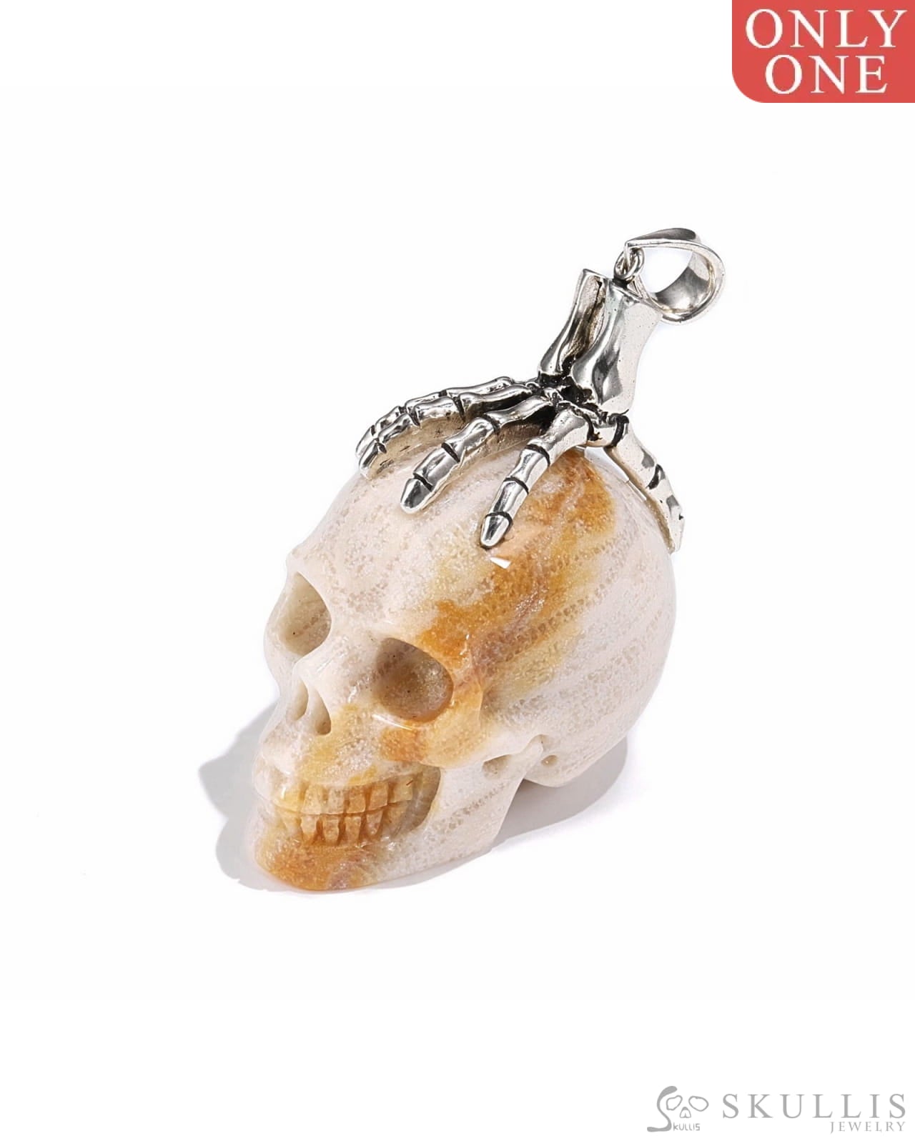 Gem Skull Pendant Necklace Of Coral Fossil Carved With Skeleton Hand In 925 Sterling Silver -