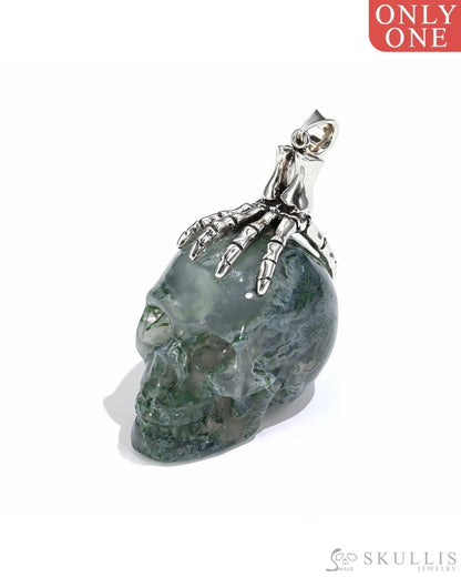 Gem Skull Pendant Necklace Of Green Moss Agate Crystal Carved Skull With Detachable Silver