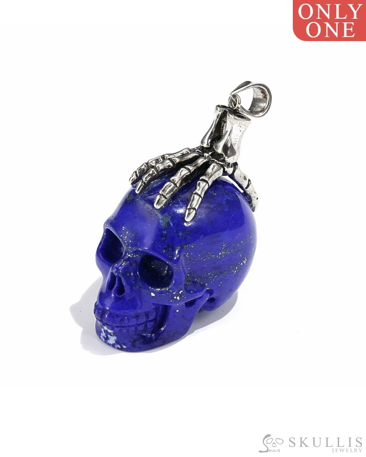 Gem Skull Pendant Necklace Of Lapis Lazuli Carved With Skeleton Hand In 925 Sterling Silver -