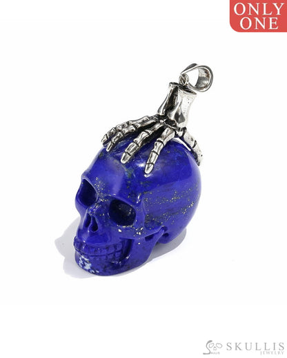 Gem Skull Pendant Necklace Of Lapis Lazuli Carved With Skeleton Hand In 925 Sterling Silver -