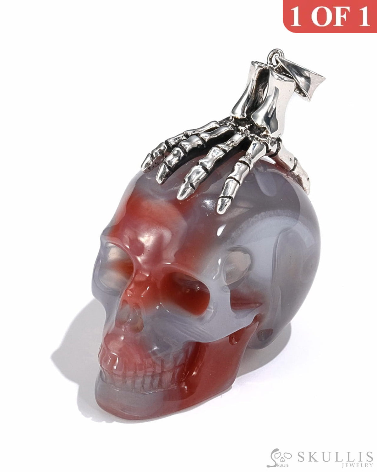 Gem Skull Pendant Necklace Of Agate Crystal Carved Skull With Detachable Silver Jaw In