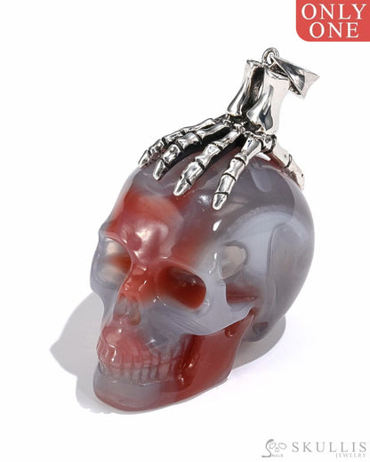 Gem Skull Pendant Necklace Of Agate Crystal Carved Skull With Detachable Silver Jaw In