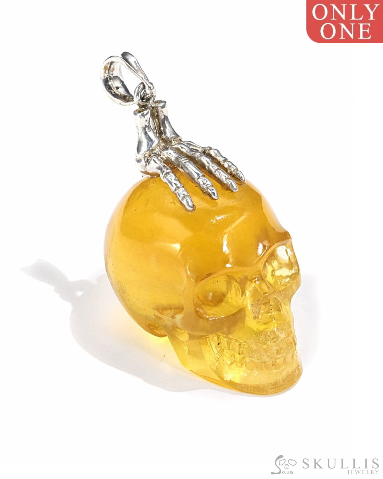 Gem Skull Pendant Necklace Of Orange Fluorite Crystal Carved Skull With Detachable Silver