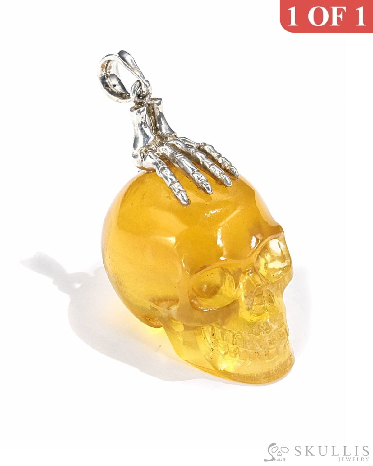 Gem Skull Pendant Necklace Of Orange Fluorite Crystal Carved Skull With Detachable Silver
