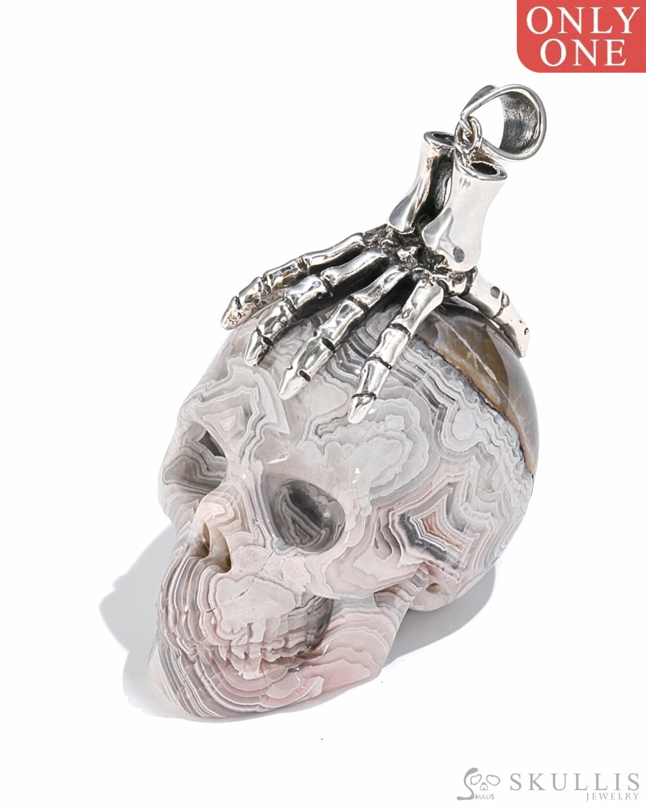 Gem Skull Pendant Necklace Of Red Crazy Lace Agate Crystal Carved Skull With Detachable