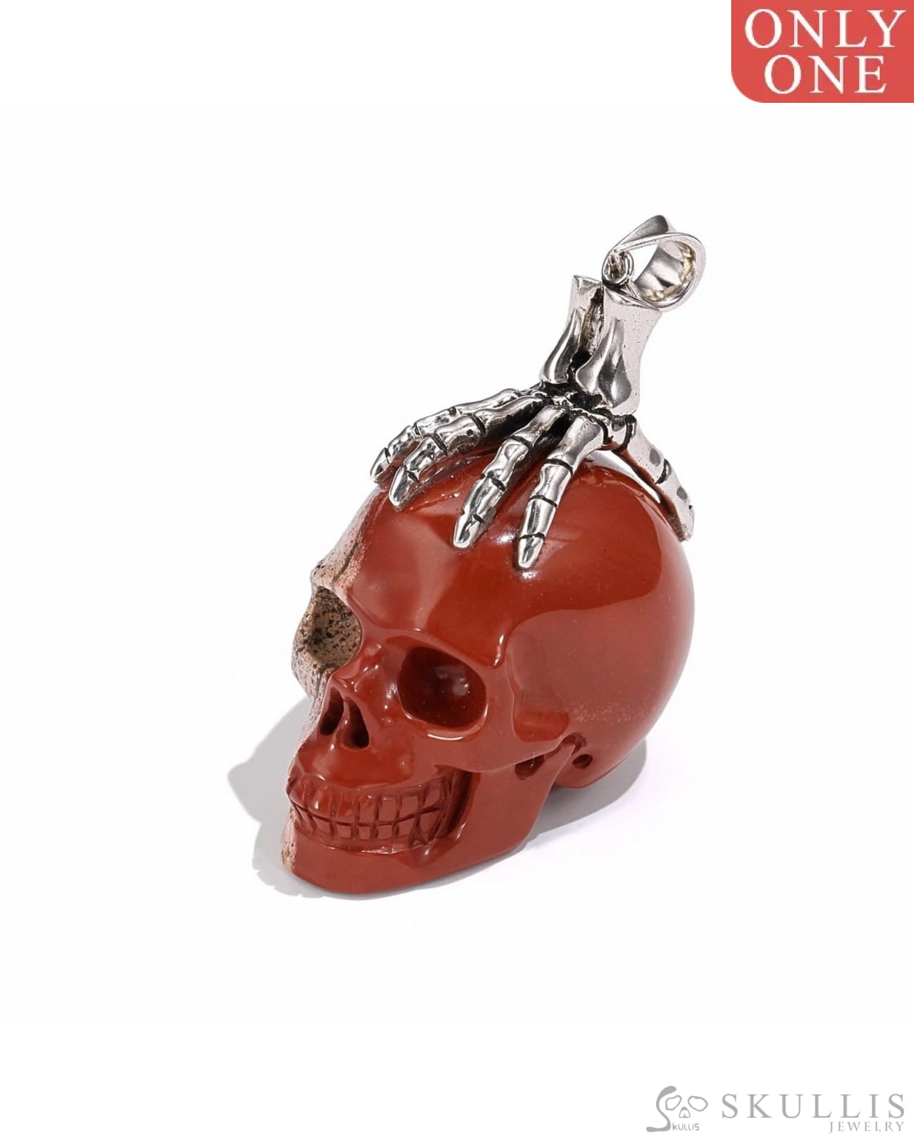 Gem Skull Pendant Necklace Of Red Jasper Crystal Carved Skull With Detachable Silver Jaw In