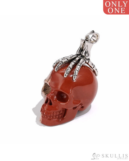 Gem Skull Pendant Necklace Of Red Jasper Crystal Carved Skull With Detachable Silver Jaw In