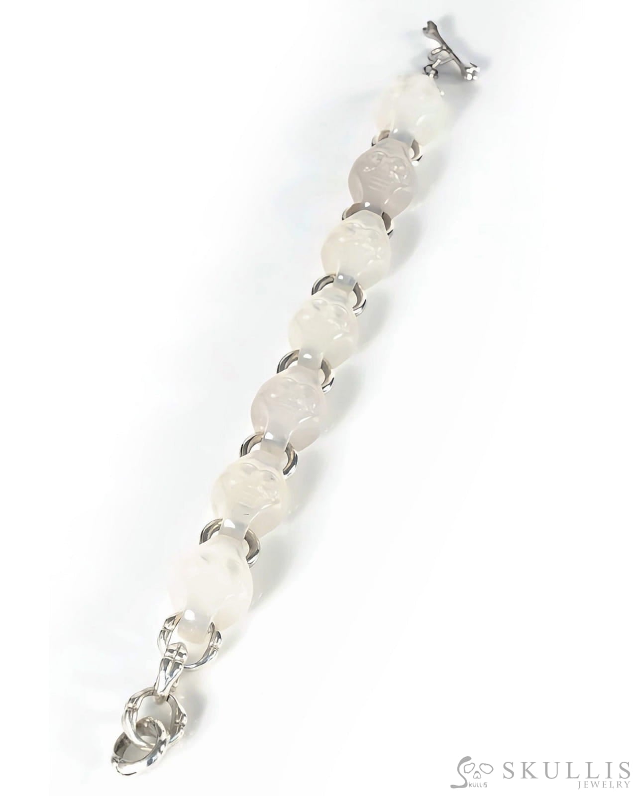 Carpe Diem - Gem Skull Bracelet of Agate Carved Skull in 925 Sterling Silver Skull Bracelets
