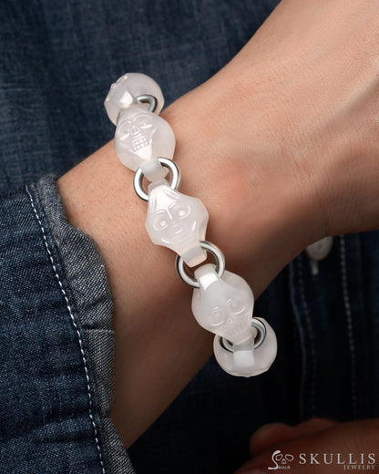 Carpe Diem - Gem Skull Bracelet of Agate Carved Skull in 925 Sterling Silver - Skull Bracelets