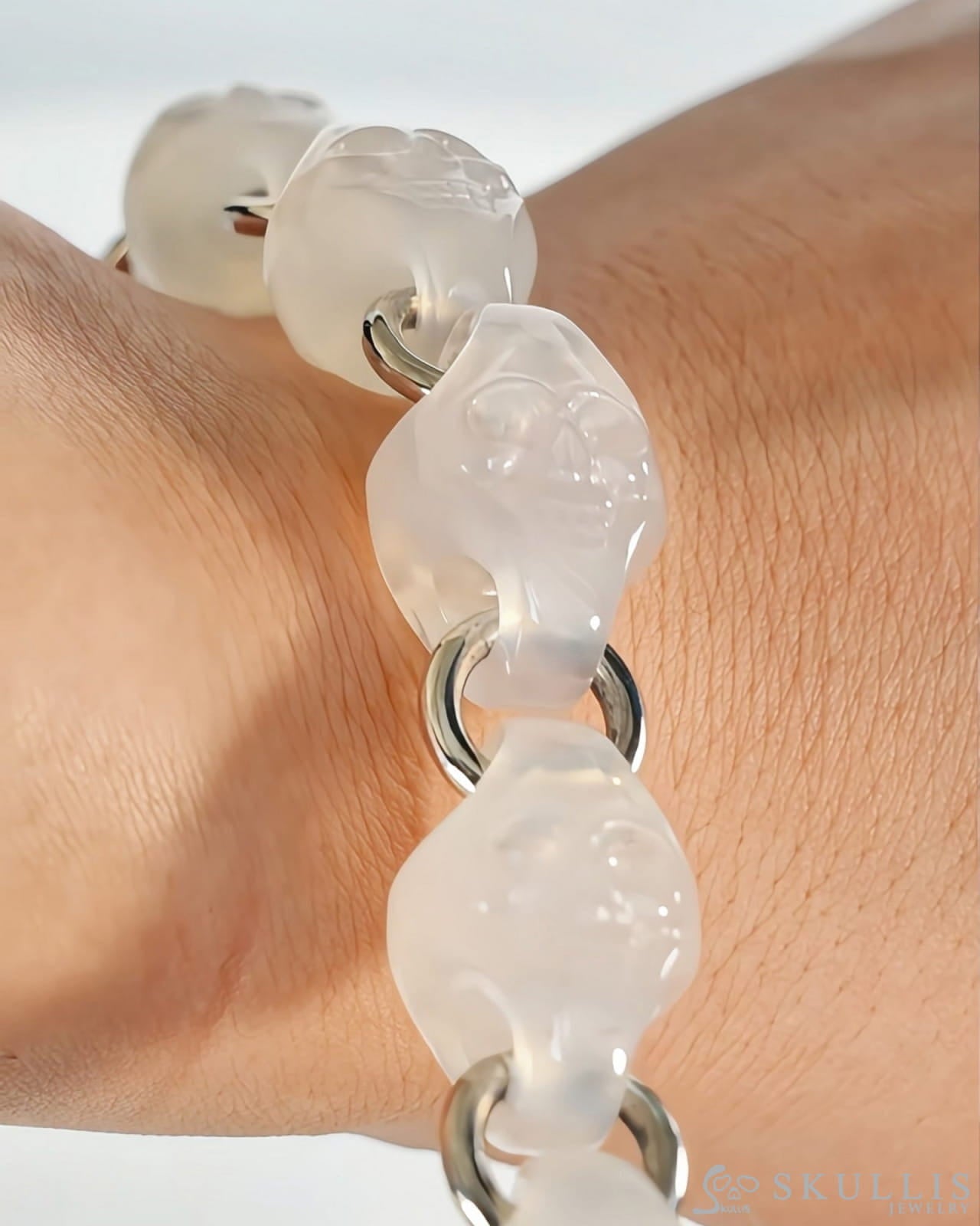 Gem Skull Bracelet of Agate Carved Skull in 925 Sterling Silver Skull Bracelets