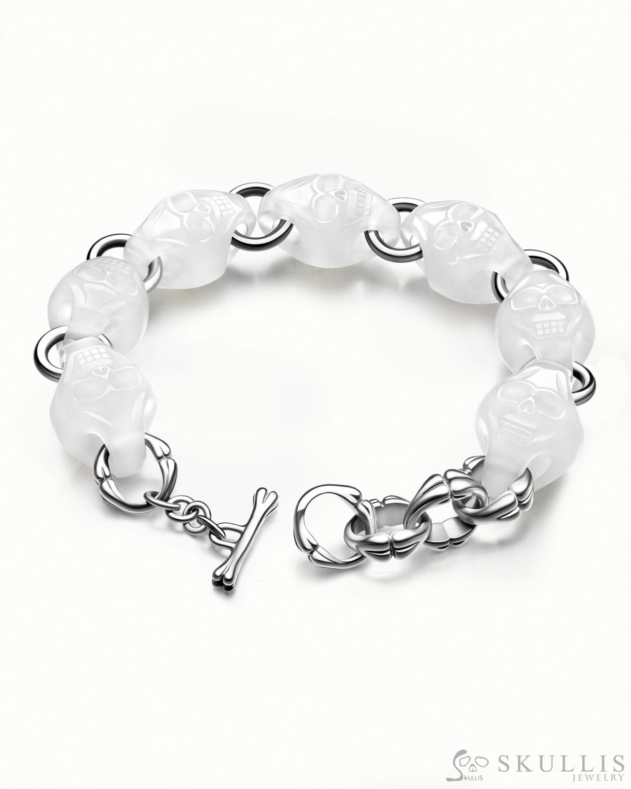 Carpe Diem - Gem Skull Bracelet of Agate Carved Skull in 925 Sterling Silver - Skull Bracelets