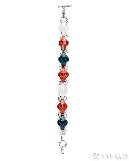 Carpe Diem - Gem Skull Bracelet of Red Jasper & Bloodstone & Agate Carved Skull in 925 Sterling Silver - Skull Bracelets