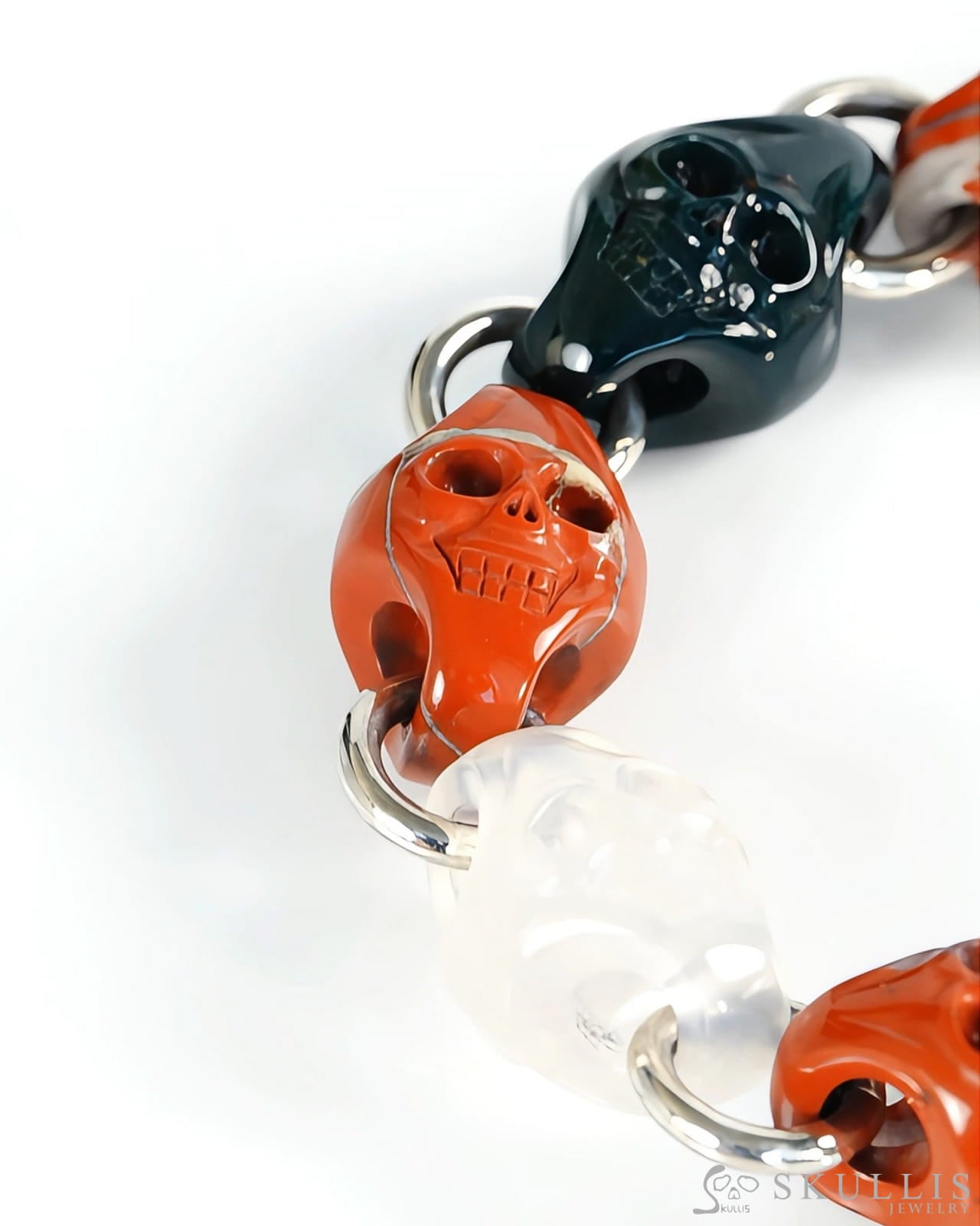 Gem Skull Bracelet of Red Jasper & Bloodstone Carved Skull in 925 Sterling Silver Skull Bracelets