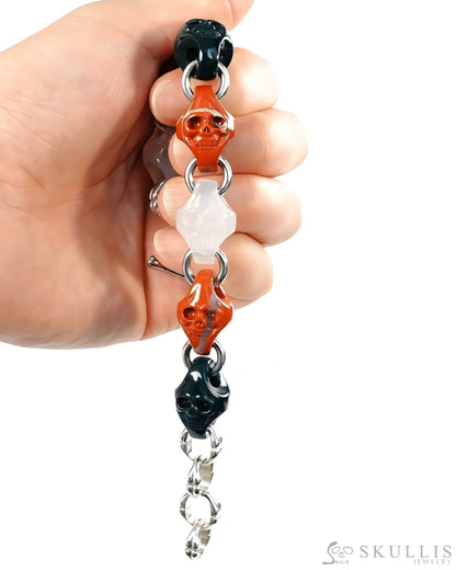 Gem Skull Bracelet of Red Jasper & Bloodstone Carved Skull in 925 Sterling Silver Skull Bracelets