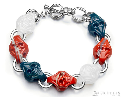 Carpe Diem - Gem Skull Bracelet of Red Jasper & Bloodstone & Agate Carved Skull in 925 Sterling Silver - Skull Bracelets