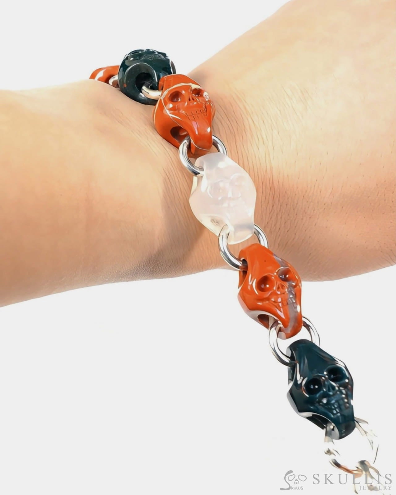 Gem Skull Bracelet of Red Jasper & Bloodstone Carved Skull in 925 Sterling Silver Skull Bracelets