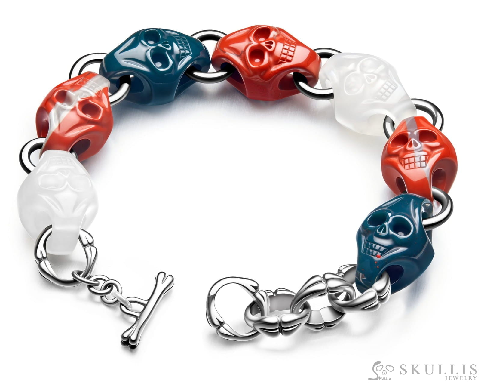 Carpe Diem - Gem Skull Bracelet of Red Jasper & Bloodstone & Agate Carved Skull in 925 Sterling Silver - Skull Bracelets