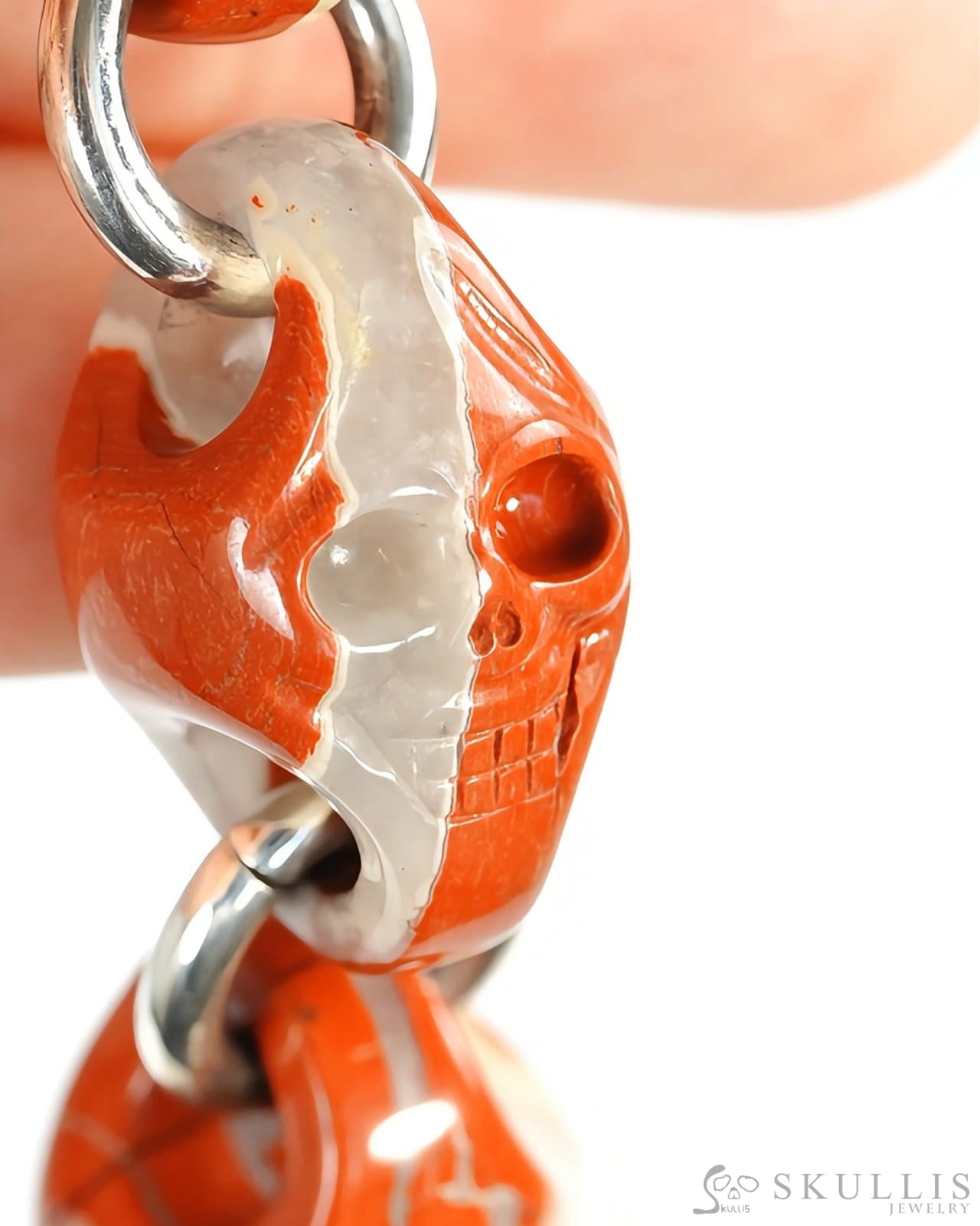 Gem Skull Bracelet of Red Jasper Carved Skull in 925 Sterling Silver Skull Bracelets