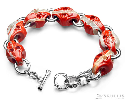 Carpe Diem - Gem Skull Bracelet of Red Jasper Carved Skull in 925 Sterling Silver - Skull Bracelets