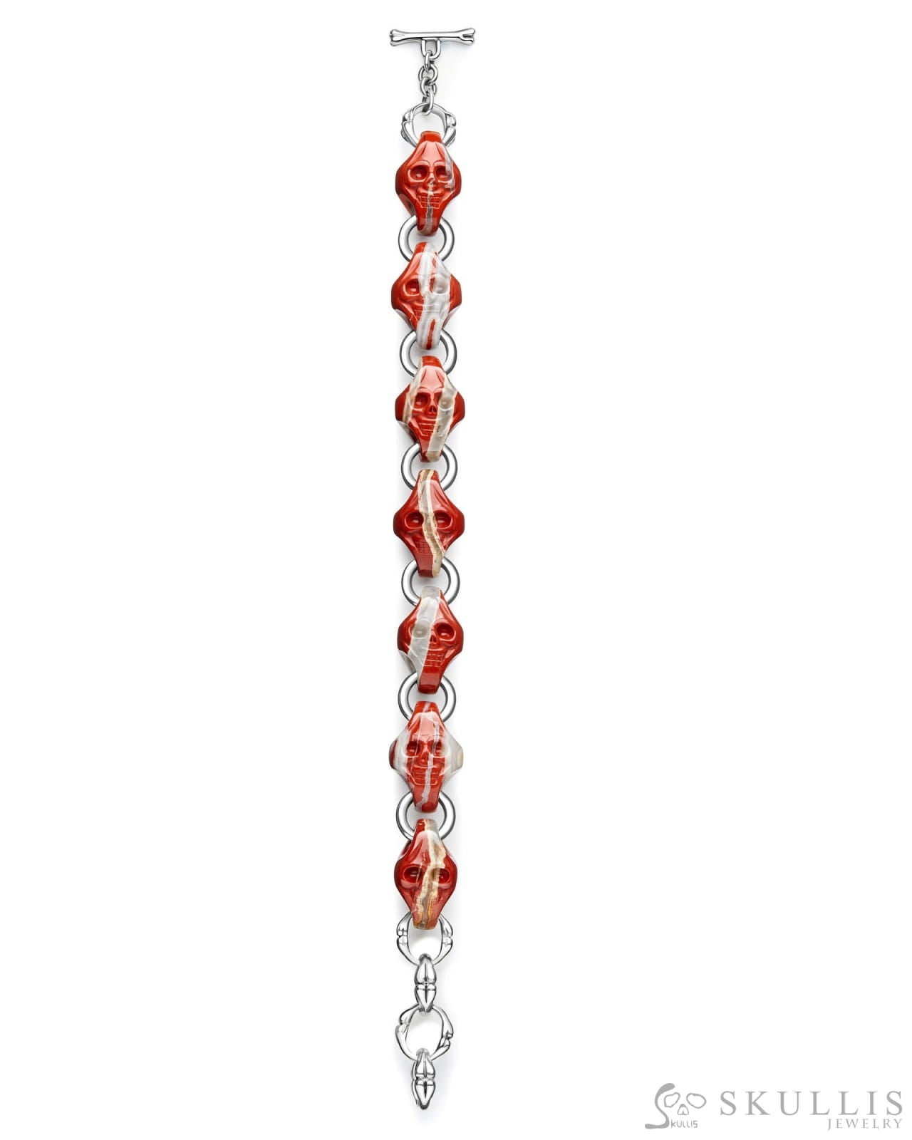 Carpe Diem - Gem Skull Bracelet of Red Jasper Carved Skull in 925 Sterling Silver - Skull Bracelets