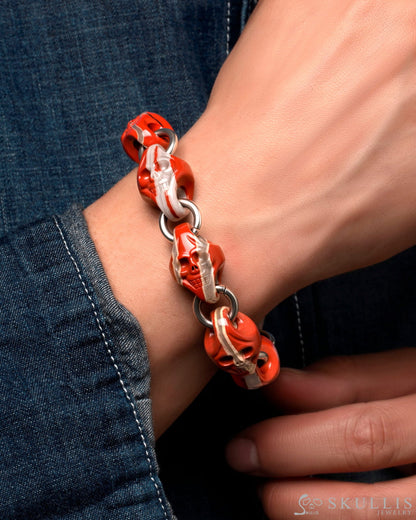 Carpe Diem - Gem Skull Bracelet of Red Jasper Carved Skull in 925 Sterling Silver - Skull Bracelets