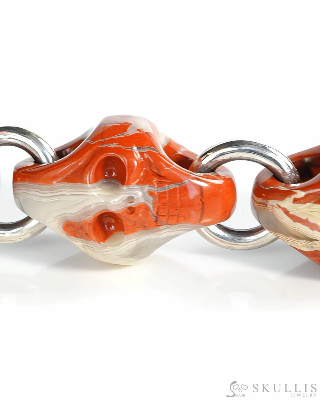 Gem Skull Bracelet of Red Jasper Carved Skull in 925 Sterling Silver Skull Bracelets