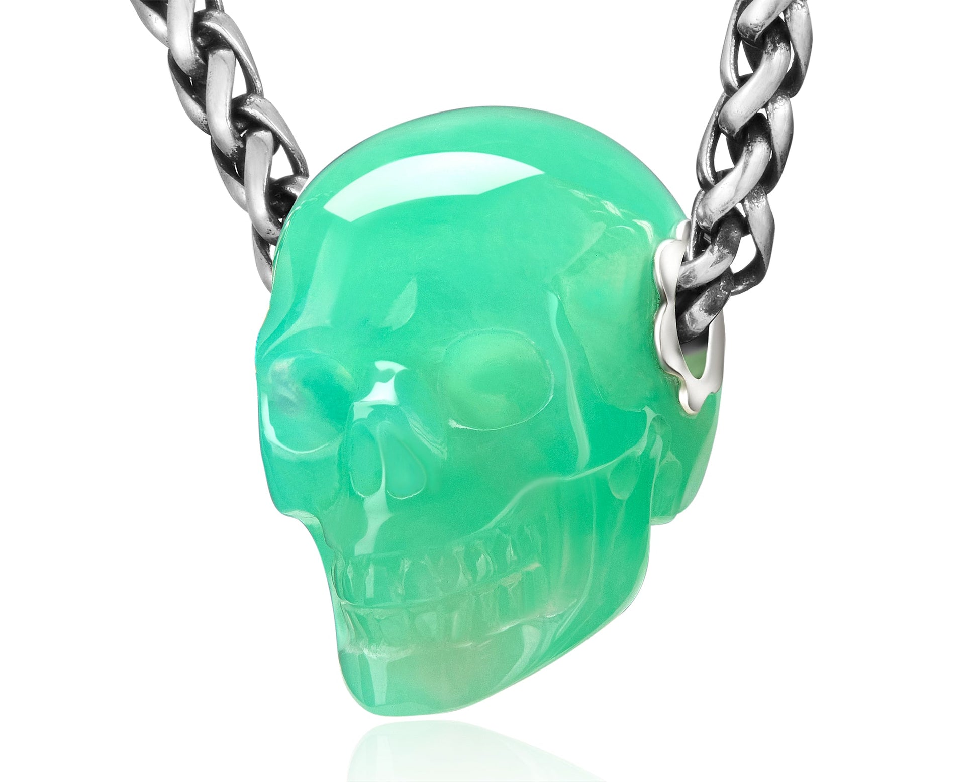 Skullis Signature Chrysoprase Gem Skull Pendant Or Necklace Hand Carved Sterling Silver.925 Chain