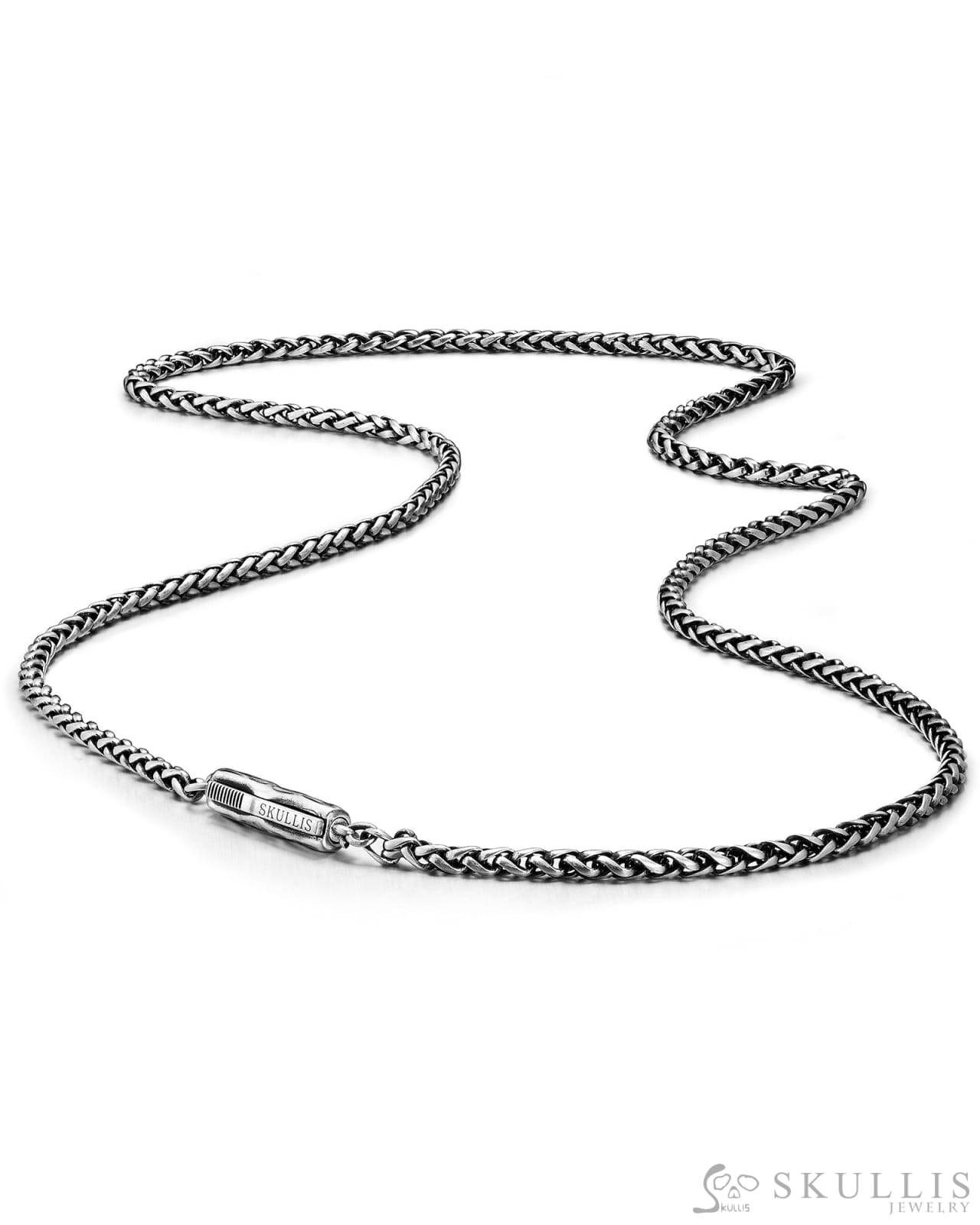 Gem Skull Pendant Necklace Of Chopin Chain With Bayonet Clasp In Blackened Sterling Silver
