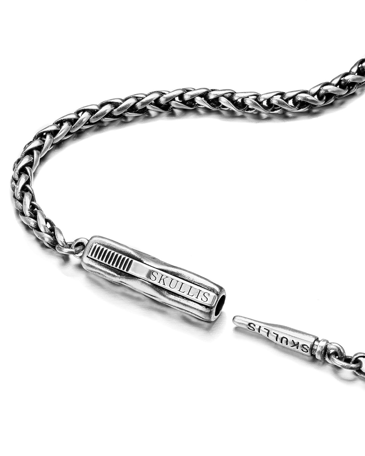 Gem Skull Pendant Necklace Of Chopin Chain With Bayonet Clasp In Blackened Sterling Silver
