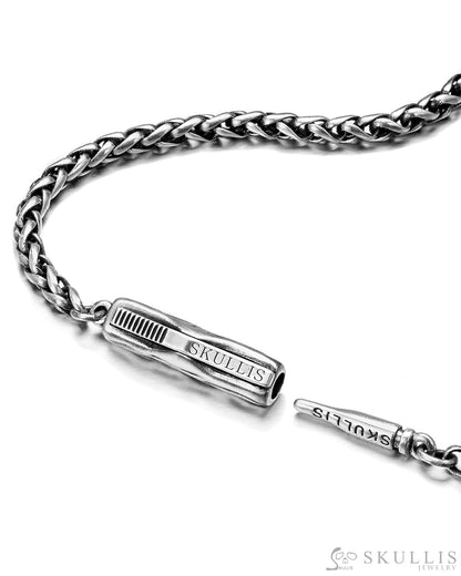 Gem Skull Pendant Necklace Of Chopin Chain With Bayonet Clasp In Blackened Sterling Silver