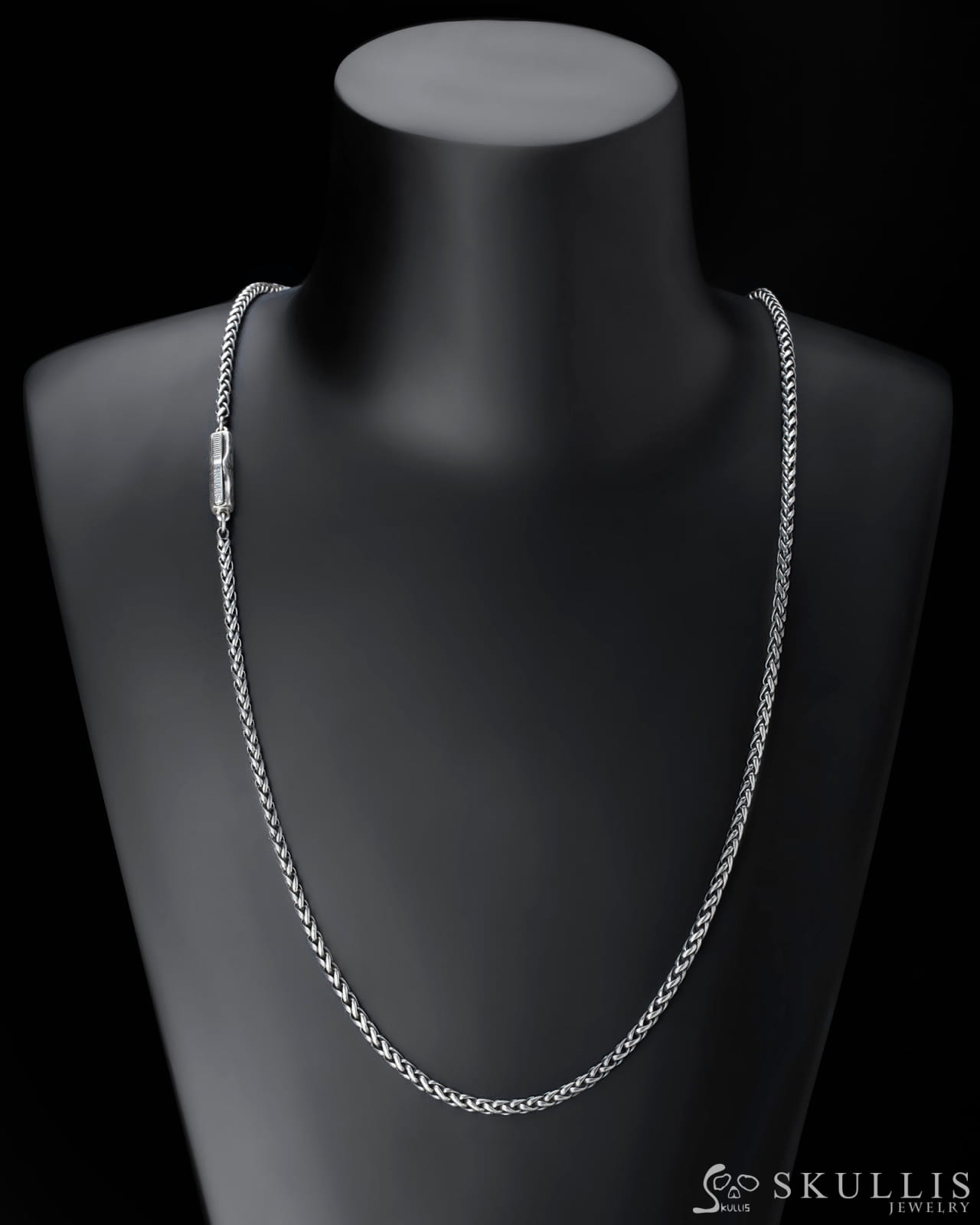 Gem Skull Pendant Necklace Of Chopin Chain With Bayonet Clasp In Blackened Sterling Silver