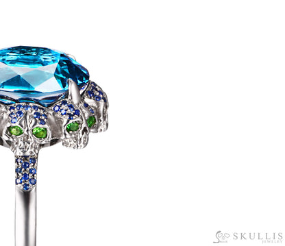 Circle of Fate - Gem Skull Ring of Round Cut Blue Topaz Carved with Skull Sapphire Skulls in 925 Sterling Silver