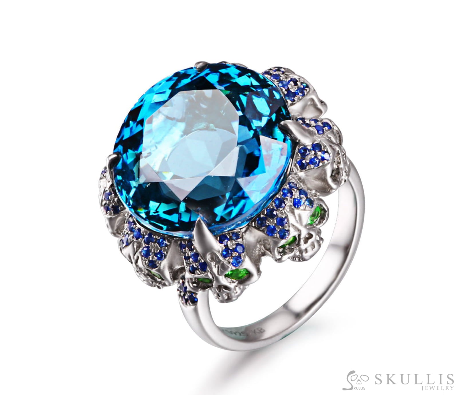 Circle of Fate - Gem Skull Ring of Round Cut Blue Topaz Carved with Skull Sapphire Skulls in 925 Sterling Silver