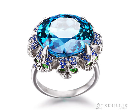 Circle of Fate - Gem Skull Ring of Round Cut Blue Topaz Carved with Skull Sapphire Skulls in 925 Sterling Silver