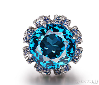 Circle of Fate - Gem Skull Ring of Round Cut Blue Topaz Carved with Skull Sapphire Skulls in 925 Sterling Silver