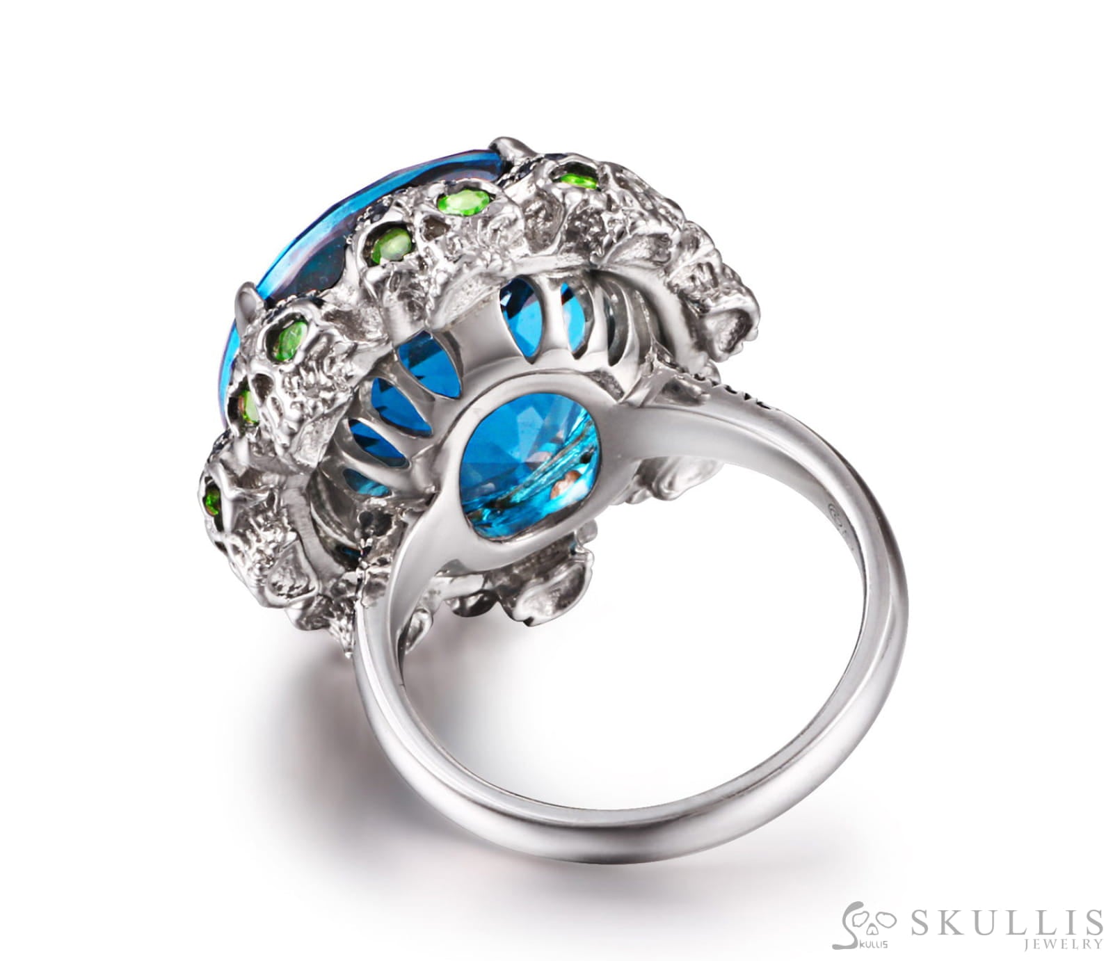 Circle of Fate - Gem Skull Ring of Round Cut Blue Topaz Carved with Skull Sapphire Skulls in 925 Sterling Silver