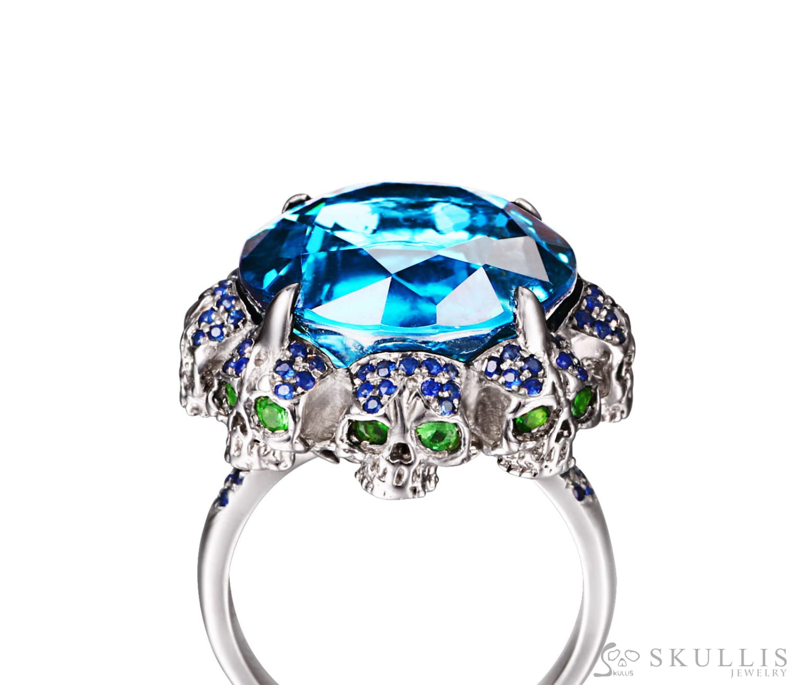 Circle of Fate - Gem Skull Ring of Round Cut Blue Topaz Carved with Skull Sapphire Skulls in 925 Sterling Silver